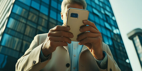 Caucasian man holding smartphone in both hands and reading message outdoors, copy space