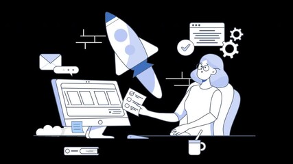 Poster - A woman working on a computer with a rocket graphic, representing technology and innovation.