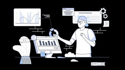 Poster - A person analyzing data on a computer in a modern workspace with graphs and charts in the background.