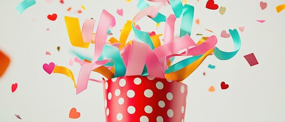 colorful ribbons and confetti exploding from a party popper