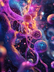 Poster - Viruses interacting with cells in a vibrant microscopic environment showcasing complex biological processes. Generative AI