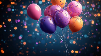 Fototapete - Colorful balloons, confetti float in air against dark blue background with bokeh lights. Festive celebration party concept. Many colorful confetti, shiny balloons in bunch. Abstract, joyful decor.