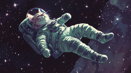 a cat astronaut floating in space surrounded by twinkling stars. starbound. illustration