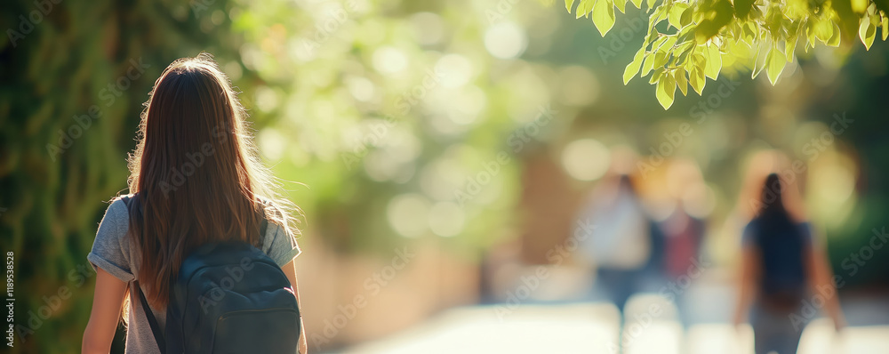 Students walking through a college campus on a sunny day, defocused ...