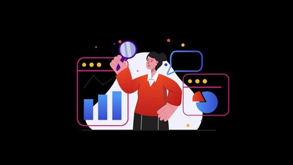 Poster - A person analyzing data trends with a magnifying glass in a flat design style.