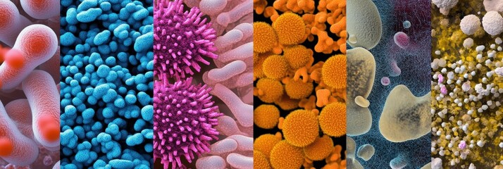 Aufkleber - Close up view of diverse microbes found on surfaces like door handles and smartphones in a modern environment. Generative AI