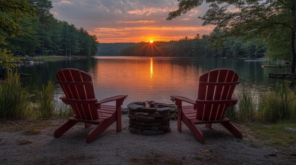 Sticker - Stunning sunset over tranquil lake surrounded by majestic mountains and evergreen forests