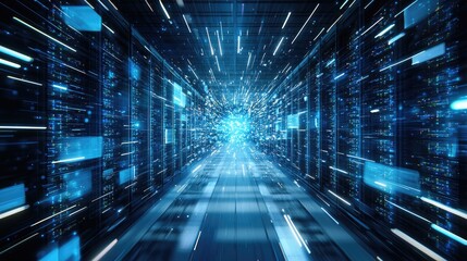 Poster - Abstract digital background of a data center with blue glowing lights, server boxes, and motion blur, symbolizing futuristic technology. Ideal for cloud computing and digital transformation themes