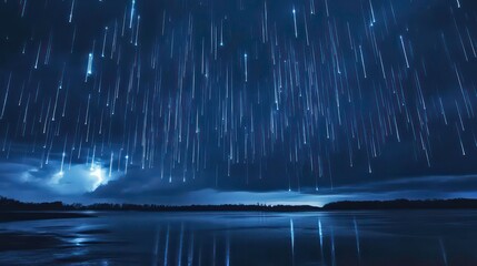 Poster - Night sky with star trails reflected in calm water.