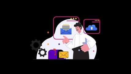 Aufkleber - A cheerful European man demonstrating email communication in a digital setting with illustrations of emails and cloud storage.