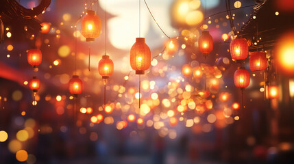 Poster - Red lanterns glowing in a festive bokeh-lit street atmosphere