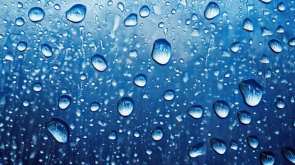 Poster - Close-up of water droplets on a blue surface.