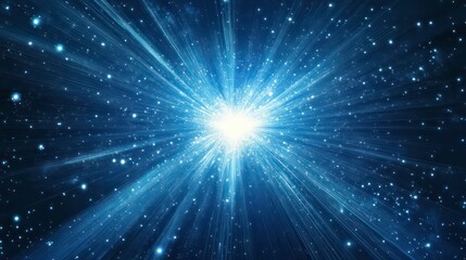 Poster - Bright blue light burst exploding from center in dark space with stars.