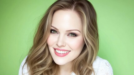 Wall Mural - Smiling young caucasian female with wavy hair on green background