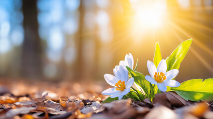 Wall Mural - spring flowers bloom in a sunny forest clearing