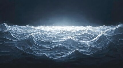 Poster - Dark blue ocean waves glow faintly in the center, creating a mysterious and serene atmosphere.