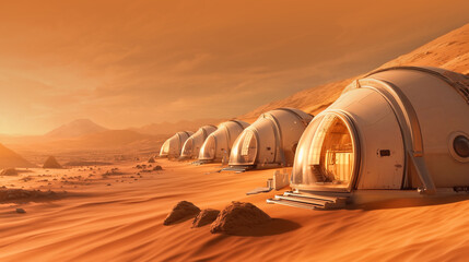 Wall Mural - innovative habitat designs on a martian landscape at sunset