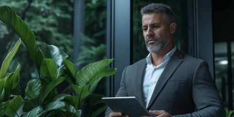 Wall Mural - A man in a suit is sitting in front of a plant and holding a tablet