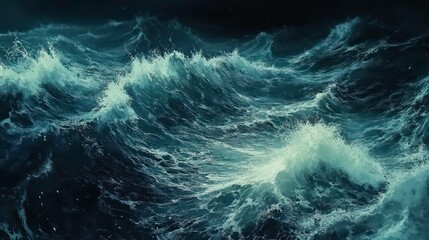 Poster - Dark teal ocean waves at night, turbulent water texture.