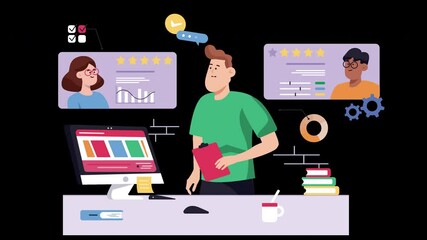 Poster - A European male is working at a computer with graphics and charts, collaborating with diverse colleagues in a modern office setting.