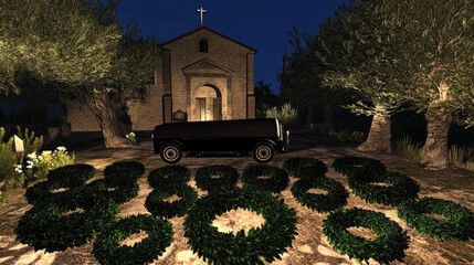 Wall Mural - Evening Scene with Van and Church A Tranquil Setting Surrounded by Olive Trees