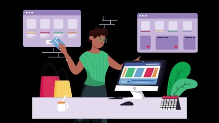 Poster - A woman of African descent working on a digital device within a colorful workspace, showcasing creativity and productivity.