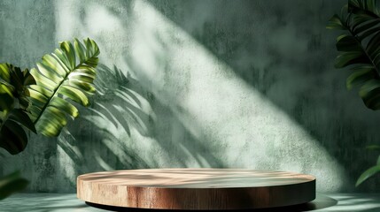 Poster - Sunlit wooden round platform with tropical leaves against a green textured wall.