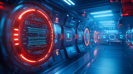 Poster - Futuristic corridor with glowing panels and digital interfaces