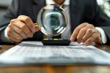 close-up shot of a businessman holding a magnifying glass over an invoice while using a calculator, reflecting themes of financial investigation and scrutiny.