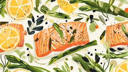 Poster - Salmon fillet with lemon, asparagus, and herbs.