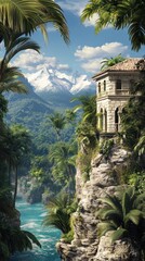 Wall Mural - Cliffside Villa Overlooking Tropical River and Snow-Capped Mountains in Lush Jungle Setting