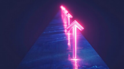 Aufkleber - Glowing neon arrows pointing upward on a reflective surface forming a pyramid shape, symbolizing growth and success.