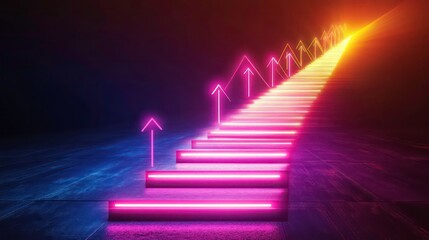 Poster - Neon glowing stairs ascending with arrows, symbolizing growth, success, and progress.