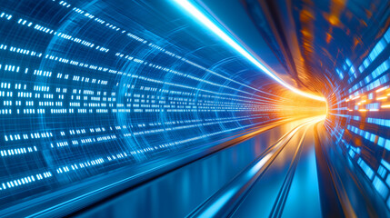 Poster - Brightly lit tunnel with blue and orange glowing lights
