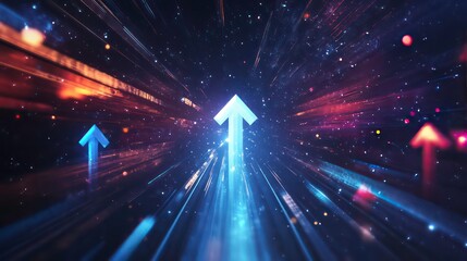 Poster - Abstract glowing upward arrows in a vibrant, cosmic tunnel symbolizing growth, progress, and success.