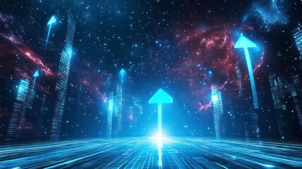 Poster - Futuristic cityscape with glowing arrows pointing upwards, symbolizing growth and progress.