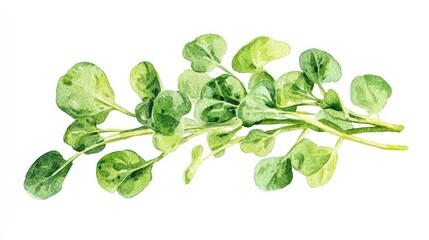 Poster - Watercolor painting of fresh watercress sprig isolated on white background.