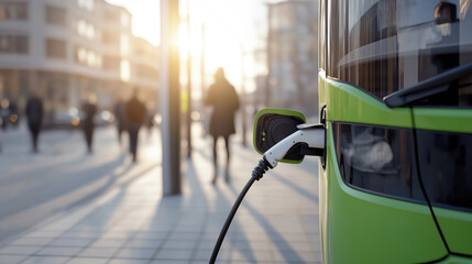 Wall Mural - Electric bus charges at urban station. People walk by on street. Sunlight and shadows. Modern eco-friendly transport. Public transit in city. Sustainable and efficient solution. Future of mobility.