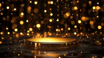Poster - Golden podium with bokeh lights, dark background.