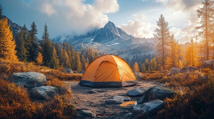 Wall Mural - Camping under clear skies near stunning mountains in a serene outdoor landscape