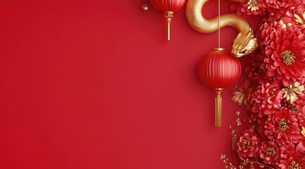 Wall Mural - 3d rendering of a chinese new year red background with a golden snake and lanterns hanging on the ri