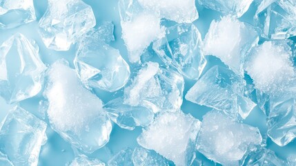 Poster - Close-up of scattered ice cubes on a light blue background.