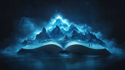 Wall Mural - Glowing mountain range rising from open book, two figures stand at its base, under a starry night sky.