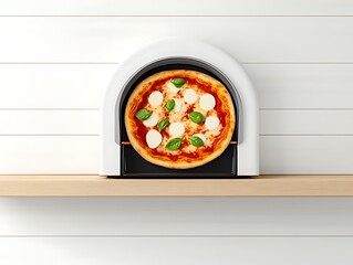 Delicious Margherita pizza baking in a modern oven on a wooden shelf.