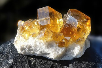 Poster - Stunning Citrine Crystal Cluster Displayed on a Dark Stone Background for Visual Impact