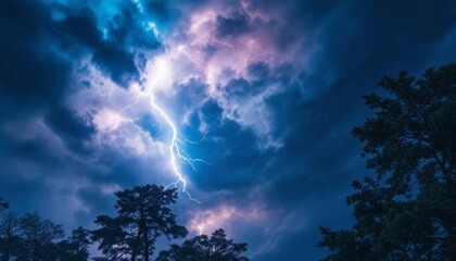 Wall Mural - electric sky a stunning display of lightning and dark clouds above silhouetted trees
