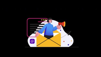 Poster - An illustrated character representing communication with a megaphone and email symbolism, featuring a digital background.