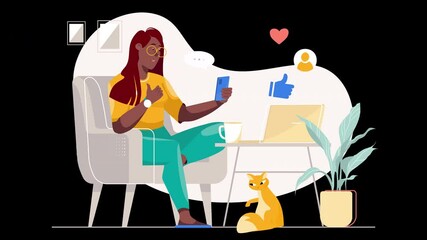 Poster - A relaxed African woman using a smartphone while sitting in a modern chair with a cat nearby.