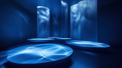 Poster - Abstract blue light illuminating cylindrical forms and circular platforms in a dark room.