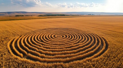 Aerial view of a spiral crop circle in a golden wheat field under a partly cloudy sky.